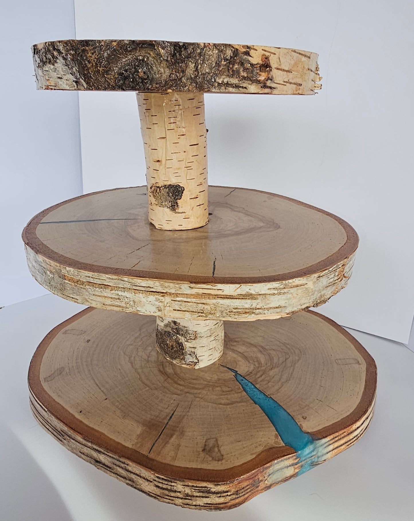 Live-Edge 3 Tiered Birch Cupcake Stand with Blue Epoxy Accents