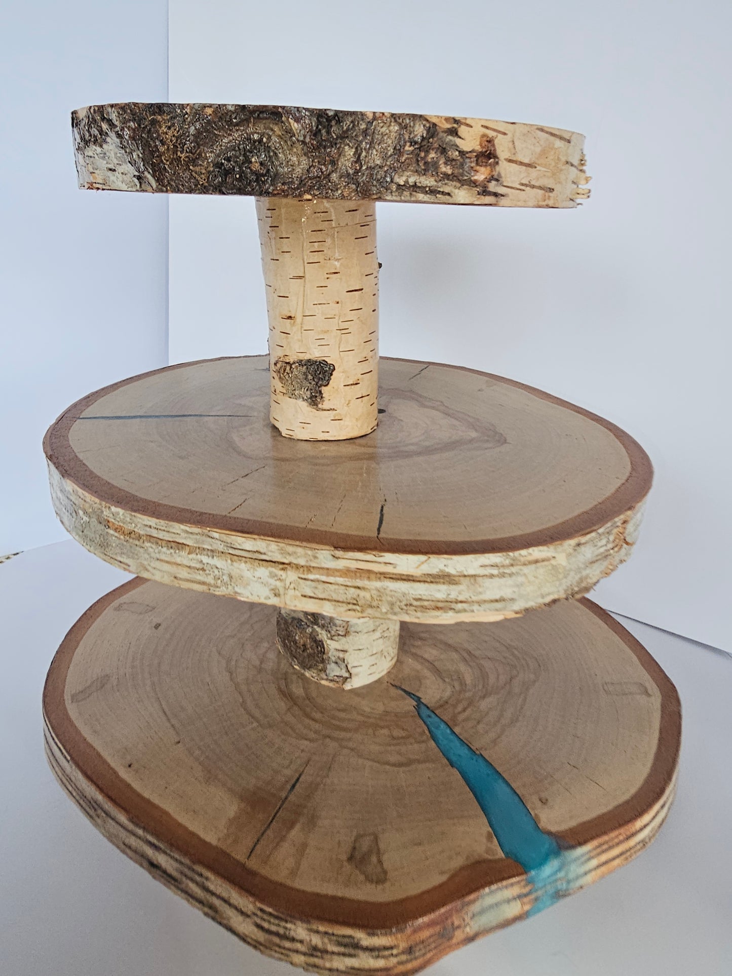 Live-Edge 3 Tiered Birch Cupcake Stand with Blue Epoxy Accents
