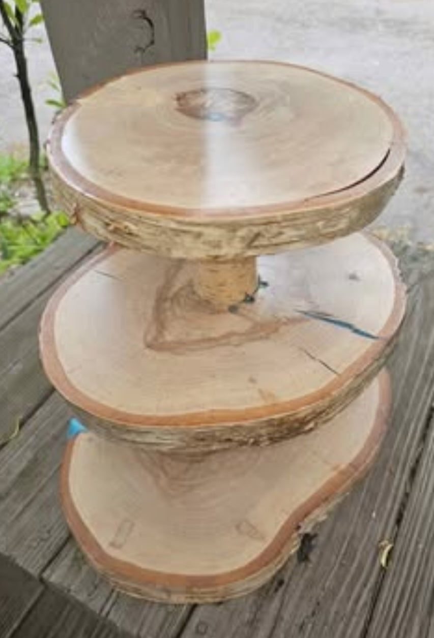 Live-Edge 3 Tiered Birch Cupcake Stand with Blue Epoxy Accents
