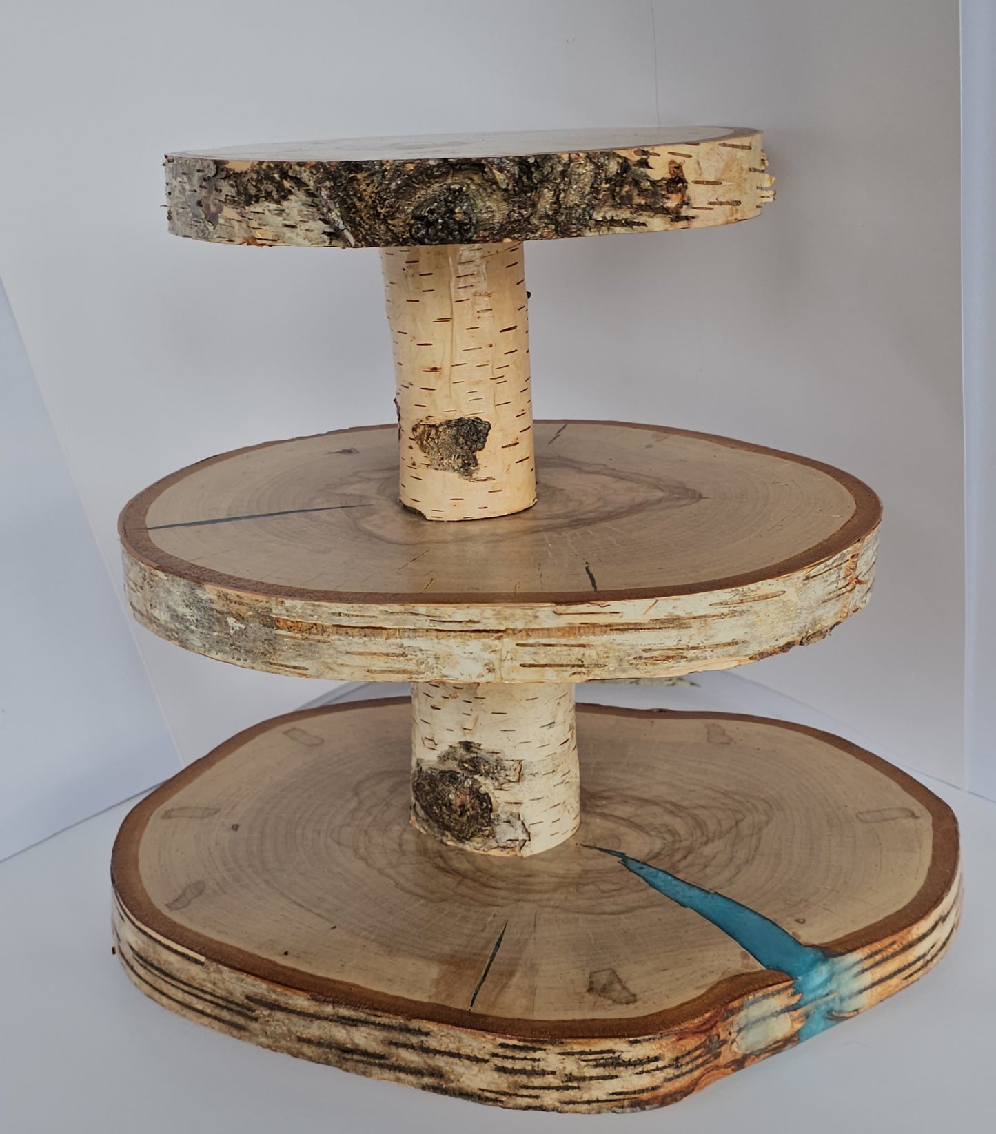 Live-Edge 3 Tiered Birch Cupcake Stand with Blue Epoxy Accents