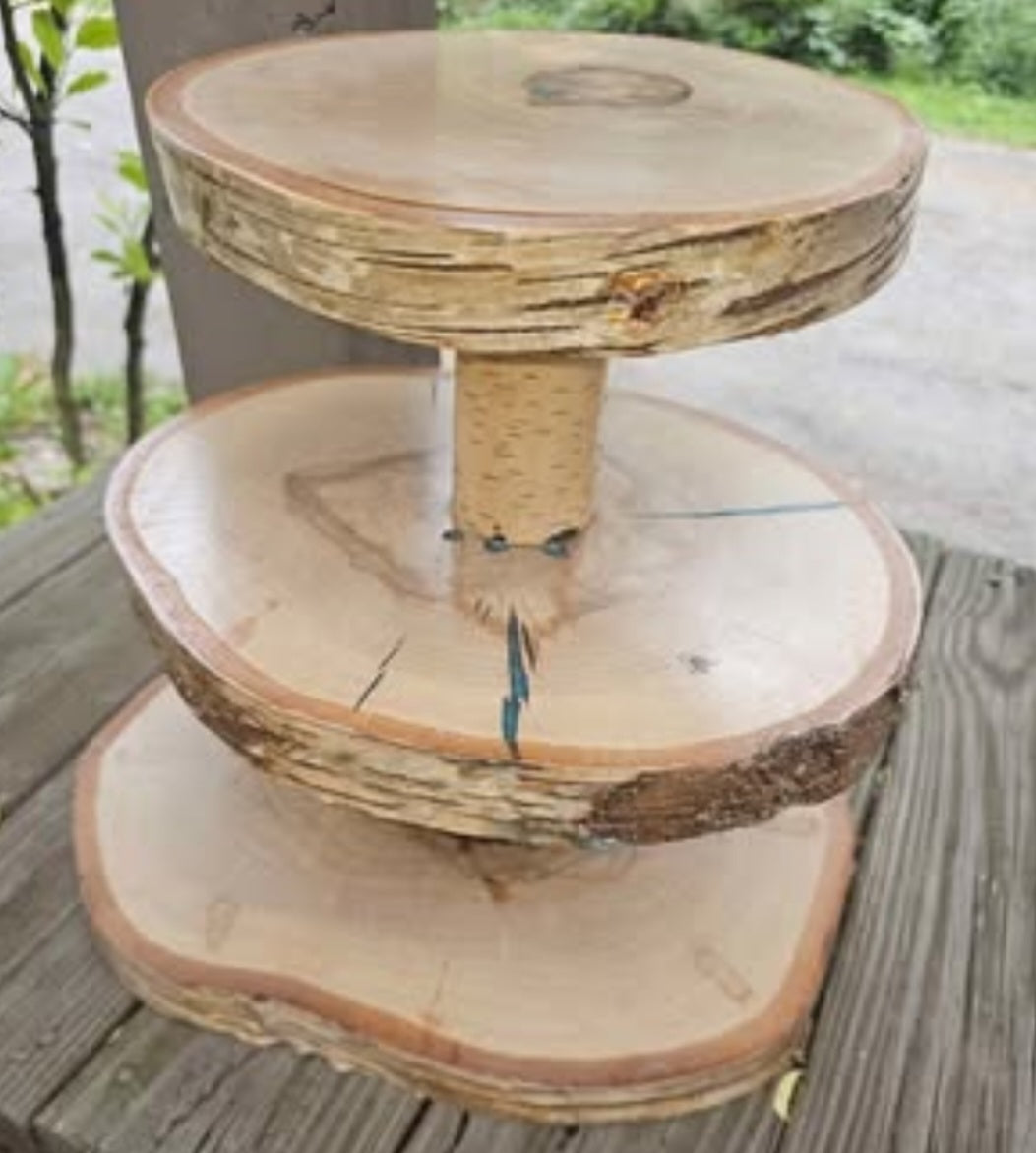 Live-Edge 3 Tiered Birch Cupcake Stand with Blue Epoxy Accents
