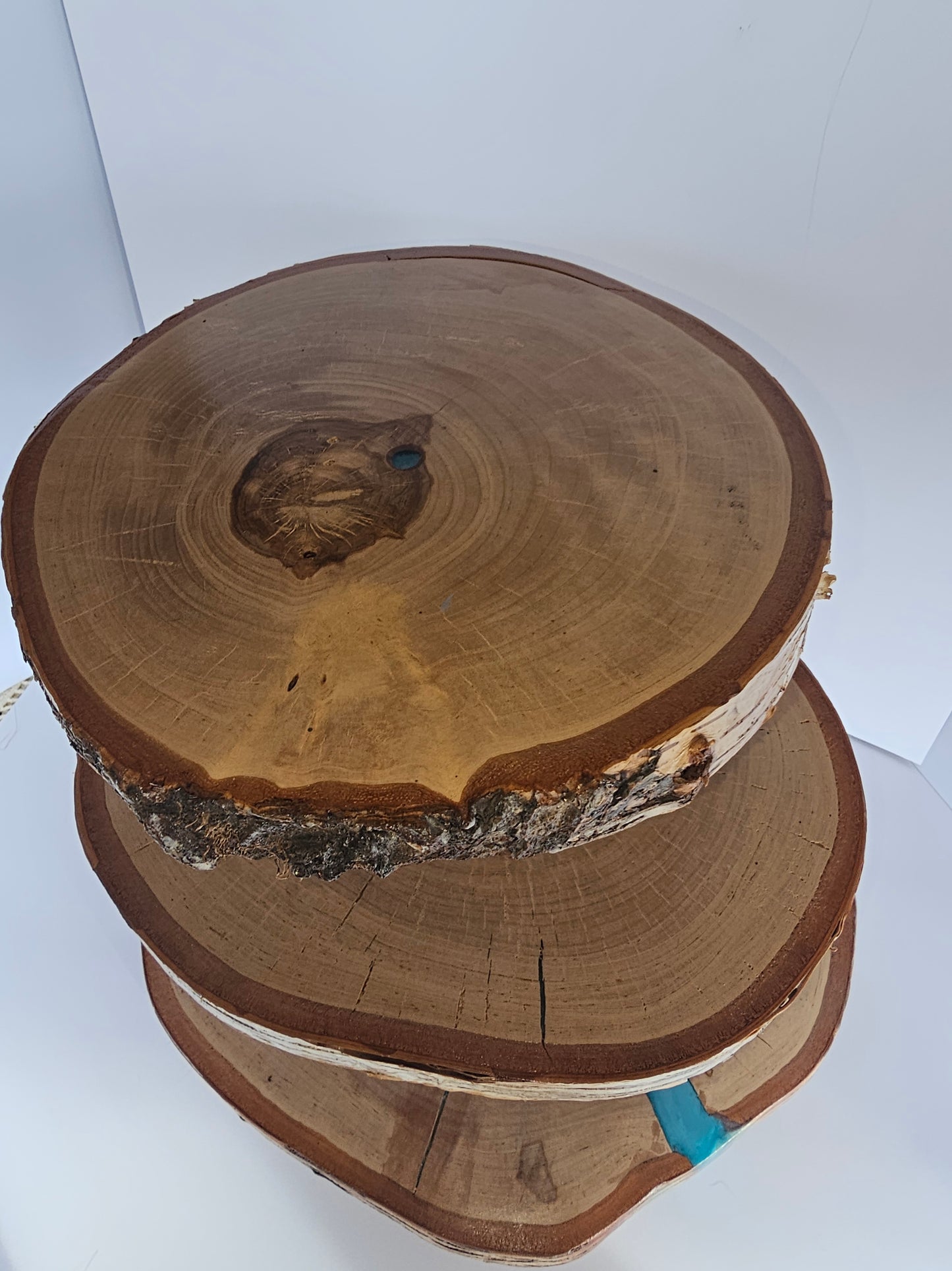 Live-Edge 3 Tiered Birch Cupcake Stand with Blue Epoxy Accents