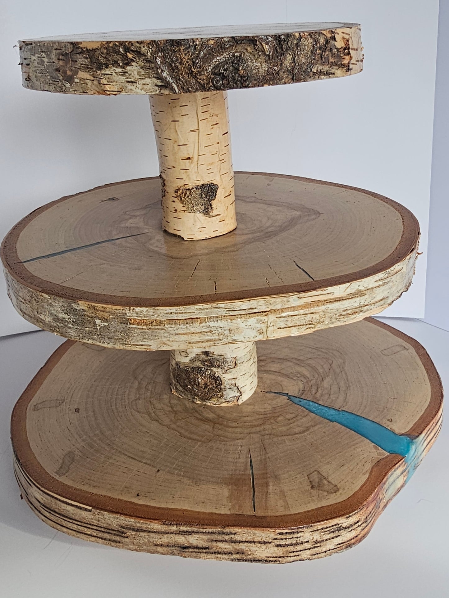 Live-Edge 3 Tiered Birch Cupcake Stand with Blue Epoxy Accents